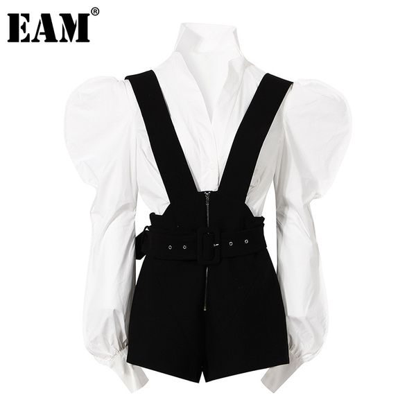 

[eam] wide leg shorts two piece suit v-neck long puff sleeve black loose fit women fashion spring autumn 1dd8075 210512, White