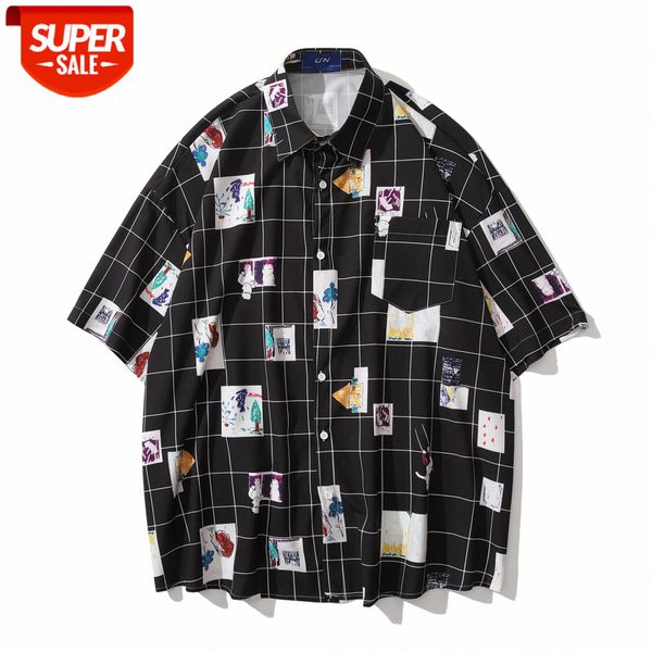 

men's short-sleeved plaid shirt casual flow bf loose #ln3m, White;black