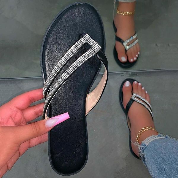 

bling summer shoes women rhinestone slippers leopard sandals slip-on beach shoe shallow flat ladies outdoor holiday slipper, Black