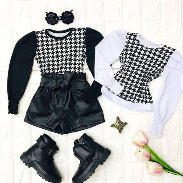 

clothing sets autumn baby girl clothes elastic cuff long sleeve sweatshirt houndstooth and high waist shorts set bowknot belt 1-6y, White