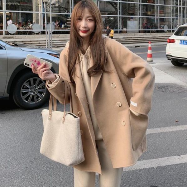 

women's wool & blends woman jacket 2021 korean fashion and elegant commute wild solid suit collar double breasted design woolen coat wo, Black