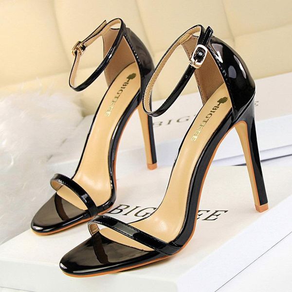 

dress shoes bigtree super high heels 11cm women patent leather woman pumps stiletto open toe ladies 2021, Black