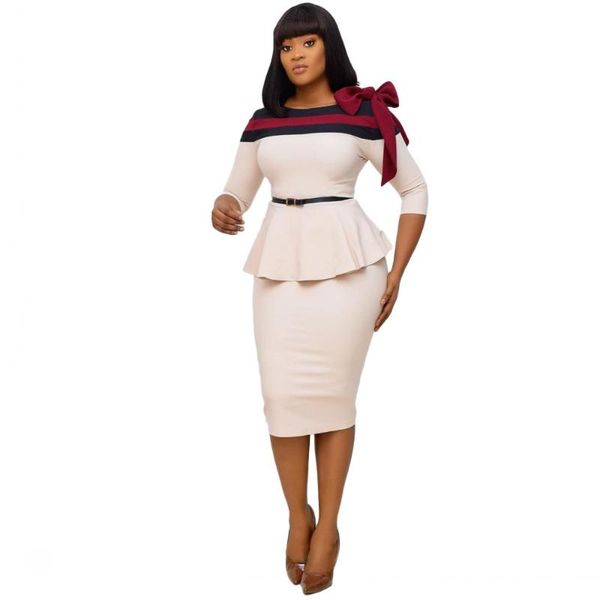 

african plus size women simple ruffles work wear skinny dresses office ladies elegant three quarter sleeve match bow midi dress casual, Black;gray