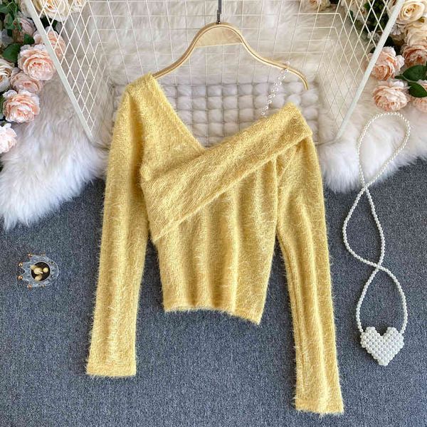 

women's sweaters foamlina soft warm pullover autumn new pearl strap plush knitted v-neck long sleeve casual jumper lekl, White;black