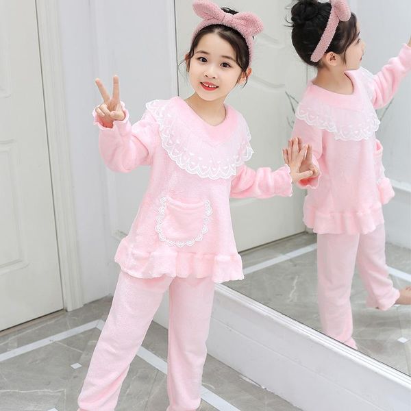 

clothing sets autumn winter children girl pink flannel pajama lace +pants toddler kid pyjamas set warm sleep loungewear, White