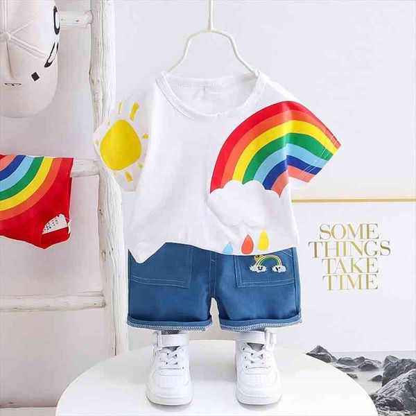 

40 toddler kids clothing baby boy girls cartoon rainbow sun print short sleeve t-shirt denim shorts piece set, White