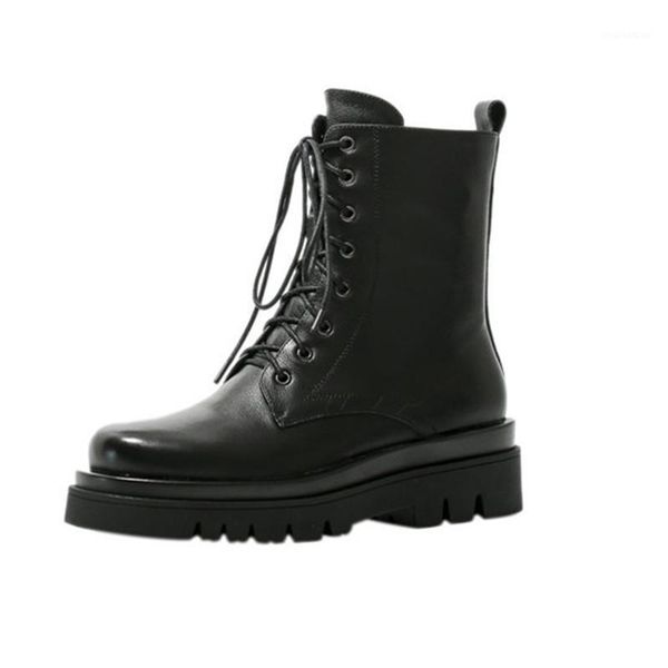 

boots genuine leather women's ankle 2021 autumn winter platform chunky heels pumps party office lady shoes woman1, Black