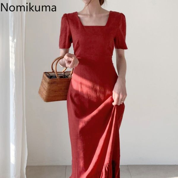 Nomikuma algodão linho vestido vintage mulheres cor sólida manga curta cintura magro lace up vestidos coreanos retro vestidos 3b373 210514