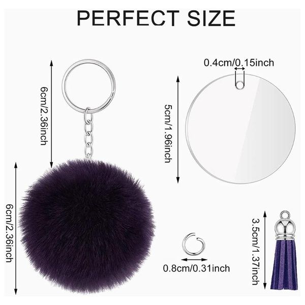 

keychains set including 24 acrylic blanks leather tassels key rings fluffy pompoms and jump, Silver