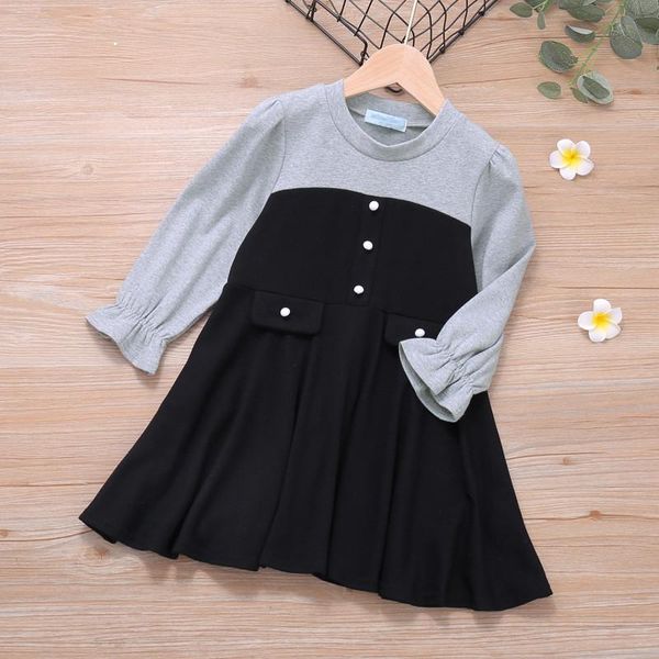 

girl's dresses spring and autumn children's baby dress girls' clothes round neck puff sleeve gray + black stitching casual fa, Red;yellow