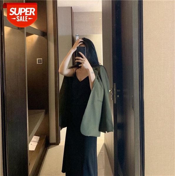 

korean casual green suit jacket + slim suspender dress #d25m, Black