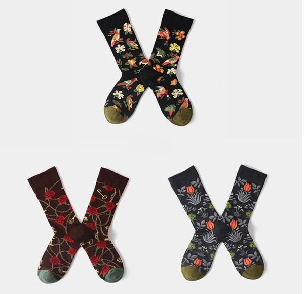 

yuppie hip hop socks oil painting graffiti ins casual personalized jacquard skateboard street design bud narcissus the colorful bird of god, Black;white