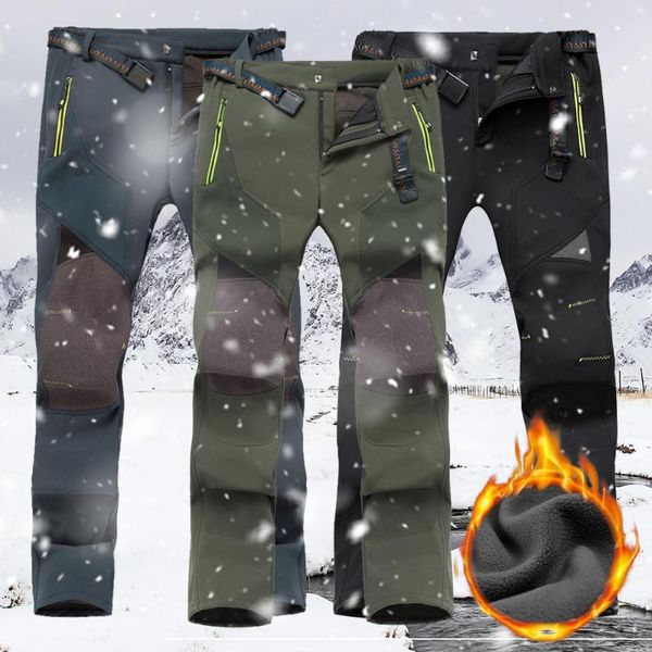 

men's pants autumn winter men outdoor waterproof soft-shell trekking fleece lined casual thick sports trousers plus size, Black