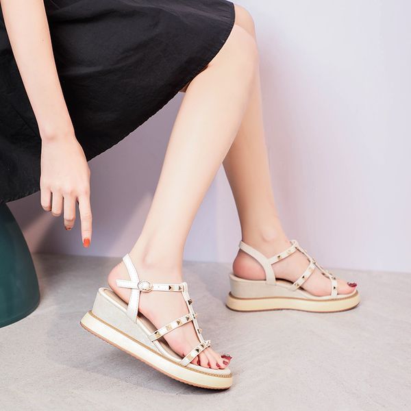 

word buckle roman sandal's style with temperament slope heel high heels fairy rivet etiquette bridmaid sho women, Black