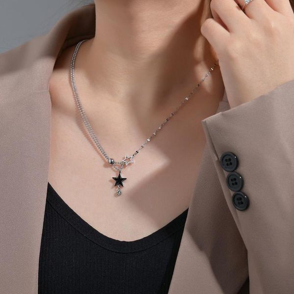 

chains acheerup fashion stainless steel necklace for women five-pointed star pendant stitching chain necklaces adjustable jewelry gift, Silver