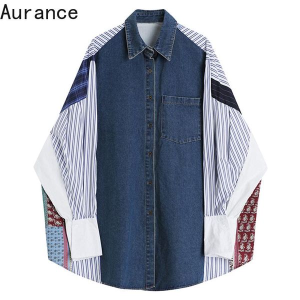

women's blouses & shirts [aurance] women long sleeve button up attern print big size denim blouse lapel loose shirt fashion tide spring, White