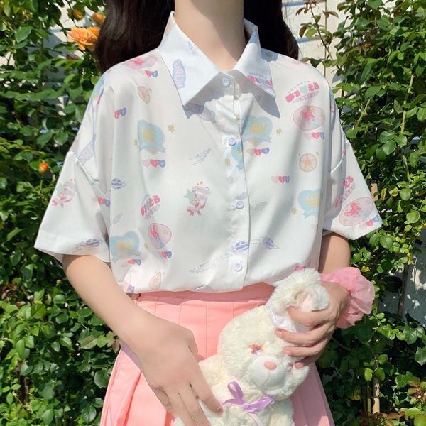 

women's blouses & shirts summer chiffon shirt women college style harajuku cartoon loose short sleeve blouse sweet love print, White