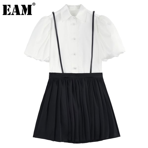 

[eam] half-body skirt two pieces pleated suit lapel puff sleeve black loose women fashion spring summer 1dd7121 210512, White