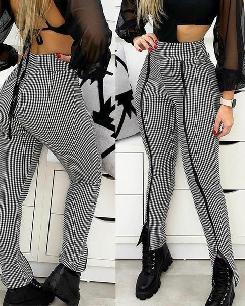 

women's pants & capris houndstooth high waist zipper front skinny, Black;white
