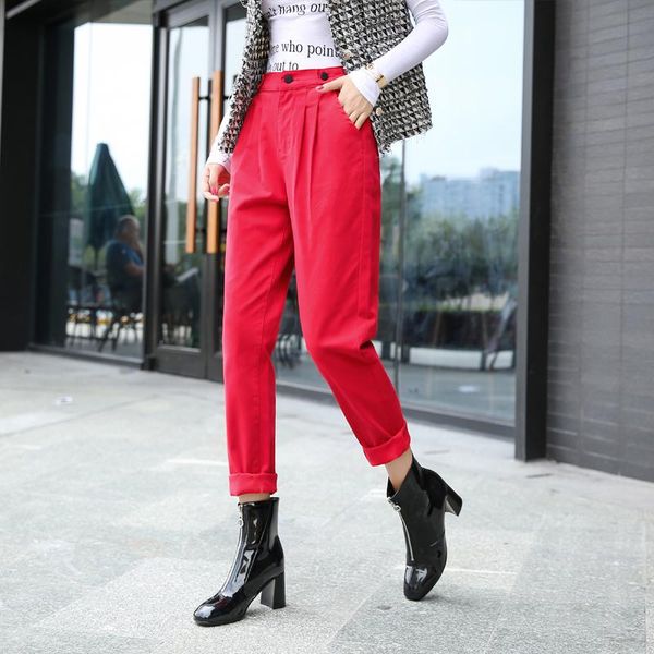 

women's pants & capris autumn stretch high waist pencil women trousers ankle-length old loose casual red harem, Black;white