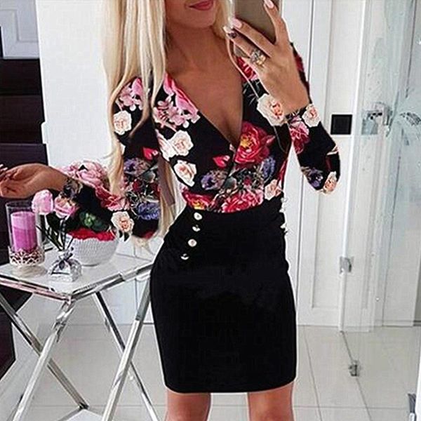

casual dresses women streetwear bodycon dress patchwork design button decor v-neck long sleeve flower print lady slim mini, Black;gray