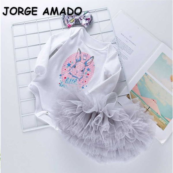 Venda Por Atacado Roupas de Páscoa Menina Bebé 3 Piece Conjuntos de Algodão Coelho Manga Longa Bodysuits + Tutu Saia + Hairband Outfits bonitos E905 210610