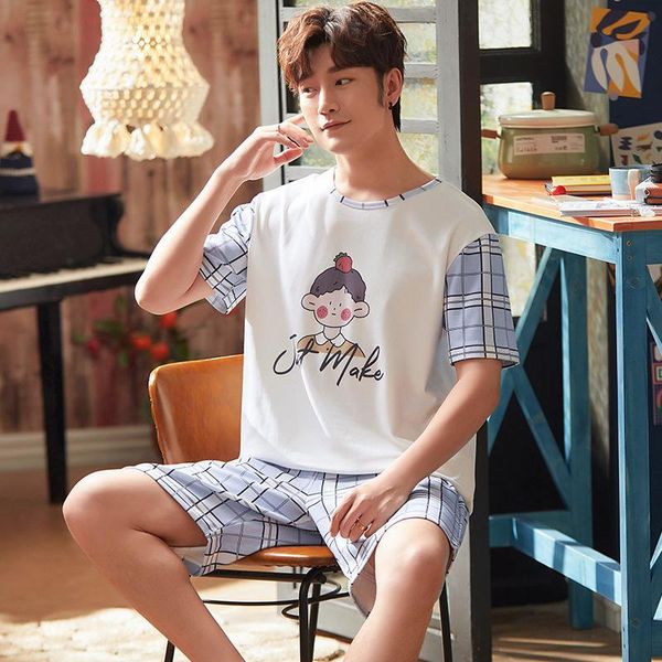 

men's sleepwear blue cotton thin cartoon print short sleeve shorts oversized men pajamas set summer patchwork loose plaid boys loungewe, Black;brown
