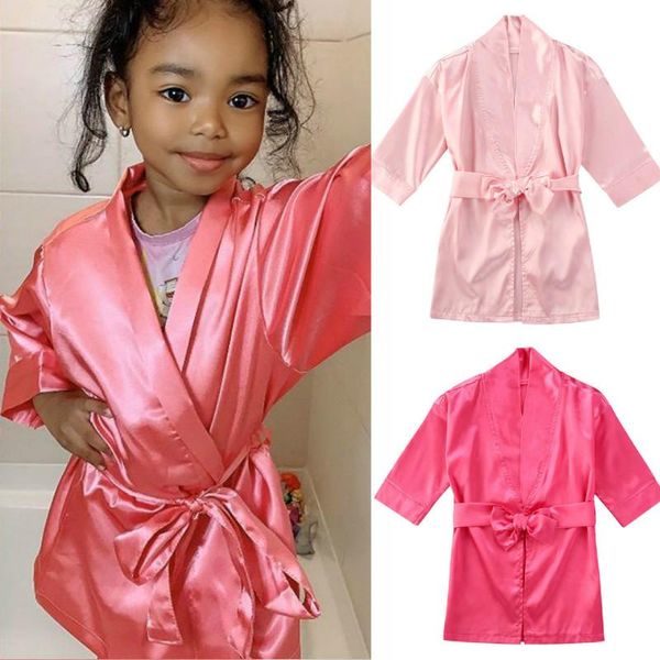 

pajamas summer kid baby girls ice silk soft homewear children loungewear sleepwear nightgown long sleeve robes 1-7y, Blue;red