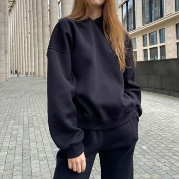 

gym clothing women loose sportwear suits casual fleece 2 piece set long sleeve pullover hoodie and jogging pant 2021 fashion warm tracksuit, White;black