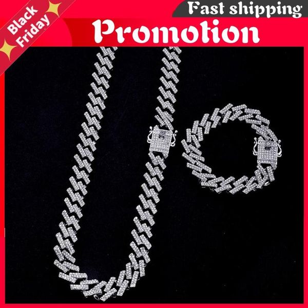 

chains iced out chain bling prong miami cuban link necklaces 15mm full crystal rhinestones clasp hop necklace bracelet mens, Silver