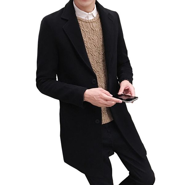 

winter woolen coat men leisure long sections woolen coats mens pure color casual fashion jackets / casual men overcoat 2pcs, Black