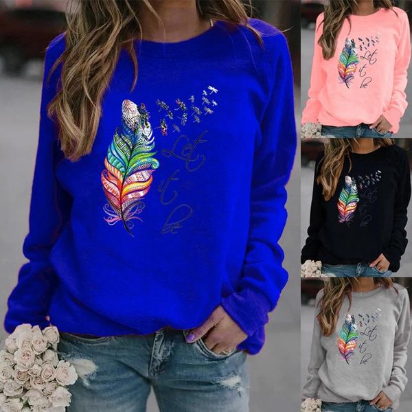 

winter fashion women clothing feather printed casual sweatshirt long sleeve t-shirt ladies round neck pullover sweater women's, White