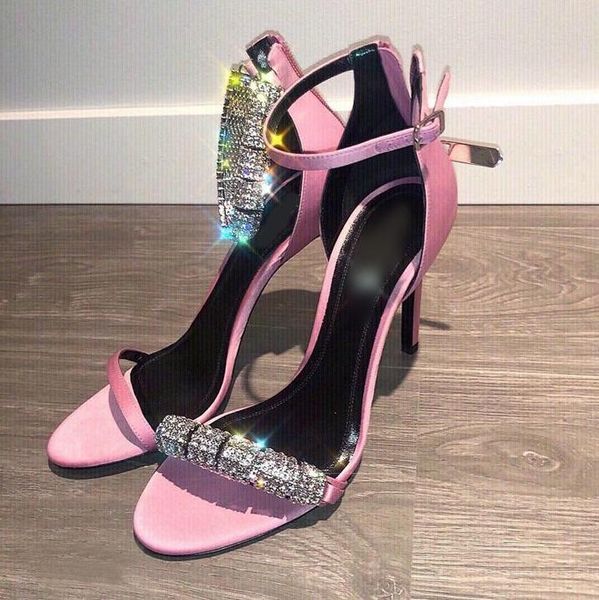 Sandálias femininas de verão, couro rosa Bling Crystal Strap Gladiator Heels High Sapatos de vestido Tamanho grande