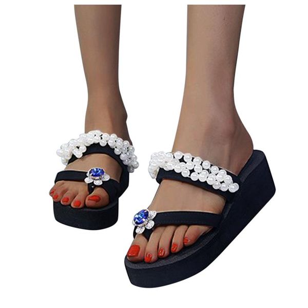 

slippers women's beautiful summer platform wedge with rhinestones and pearls flip flops zapatillas de mujer, Black