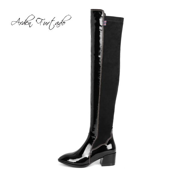 

boots arden furtado fashion women's shoes winter pointed toe chunky heels classics black leather elegant ladies shining over the knee
