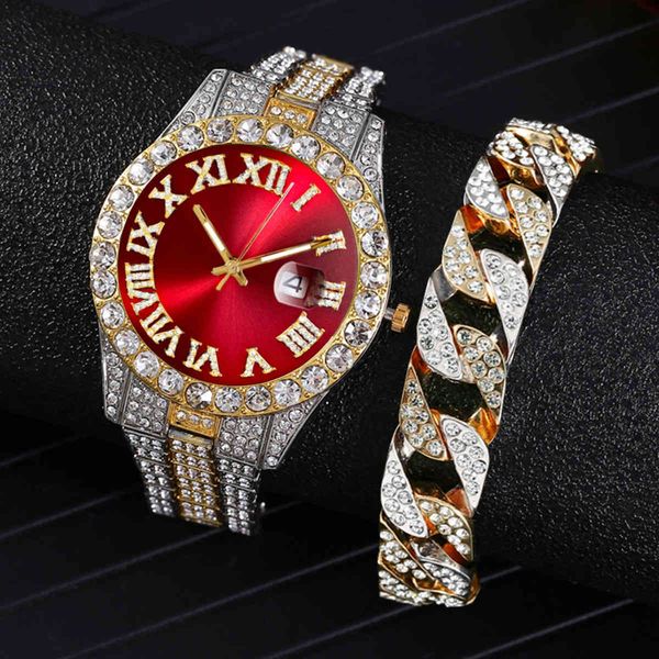 

full bling cuban chain bracelet iced out es men hip hop luxury watch relogio masculino gift, Slivery;brown