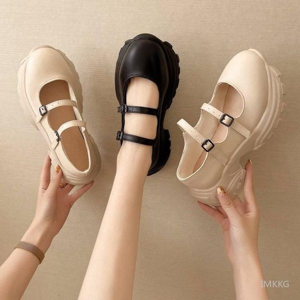 

dress shoes lolita mary janes for girls double buckle platform casual thick sole leather ladies retro summer pumps, Black