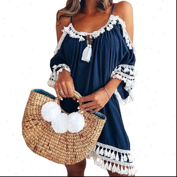 

female women dress spaghetti strap boho plus size 5xl summer loose beach sundress backless short sleeve tassel dresses gv130, Black;gray