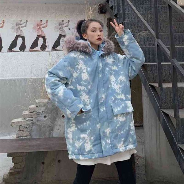 

winter coats harajuku women loose hooded pocket thick parkas zipper camouflage warm chaqueta korean ins mujer 210519, Black