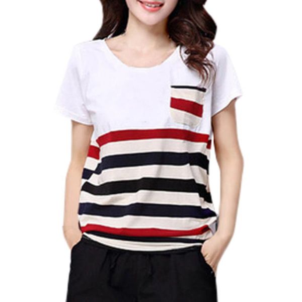 

blouse women striped o-neck short sleeve loose plus size shirt patchwork pocket casual women's female #bl2 blouses & shirts, White