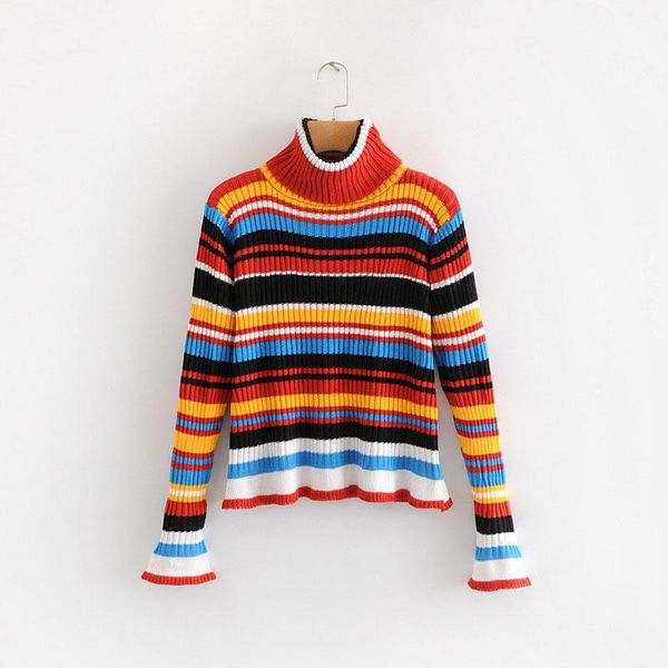 

women's sweaters cotton padded waistcoats jumper 2021 autumn winter fashion high collar pullover rainbow striped sweater female c128, White;black