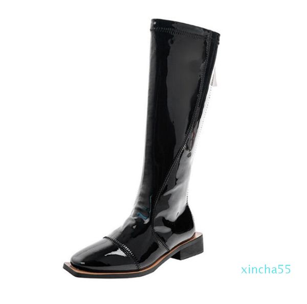 

knee length patent leather women's zipper belt buckle high barrel flat bottomed knight show thin boots, Black