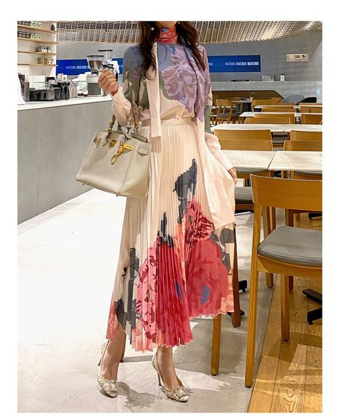 

two piece dress zawf elegant set summer spring fashion design women long sleeve blouse + midi pleated skirt flower print female su, White