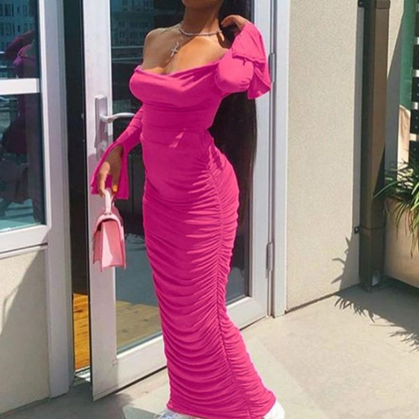 

women off shoulder ruched bodycon dress long flared sleeve casual party lady backless stretch vestidos female dresses, Black;gray