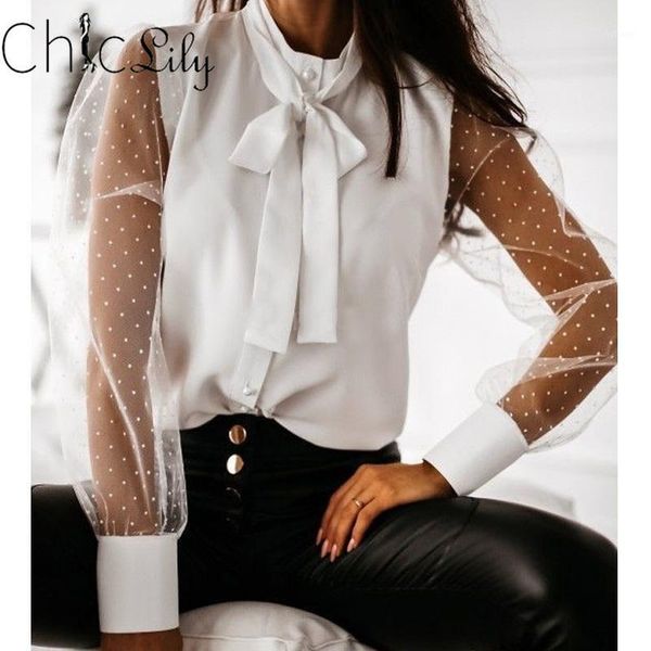 

women spring autumn shirts mesh patchwork design decor see through o-neck long sleeve solid blouse women's blouses &, White