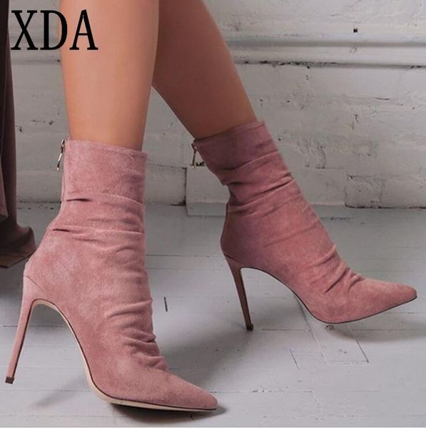 

boots xda 2021 pointed toe heel sock ankle suede zipper women sexy, Black