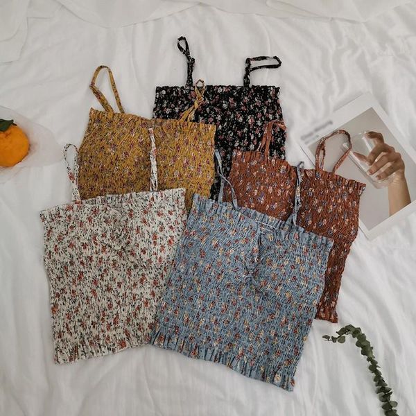 

women's tanks & camis summer floral print camisole for women slim v neck ruched sling tank fashion wild pleated vest, White