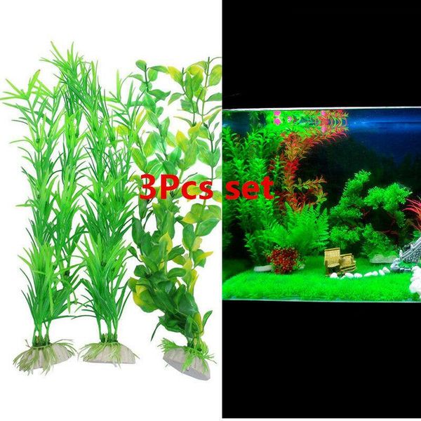 

3pcs set long green plastic artificial water plants with ceramic base for aquarium fish tank decoration 13.8" height decorations