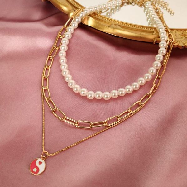 

chokers 2021 white pearl beaded yin yang pendant necklace for women multilayer colorful enamel charm bohemia summer jewelry, Golden;silver