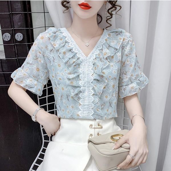 

women's blouses & shirts summer office lady vintage v-neck printing embroidered chiffon female lace ruffles print patchwork puff sleeve, White